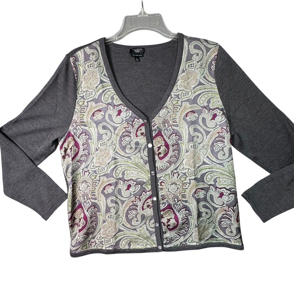 Talbots Petites Grey Italian Merino Wool Paisley Print Cardigan Sweater Preppy L